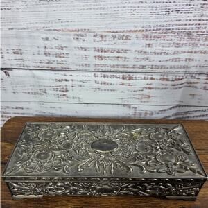 Vintage Goldinger Silver Plated Jewelry Box Baroque Ornate Floral Design Mirror